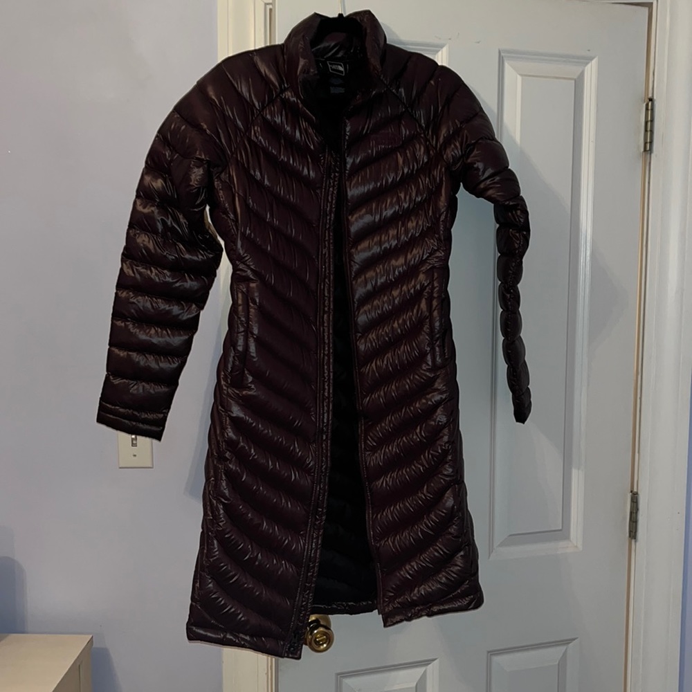 Northface purple long puffer coat. Size small